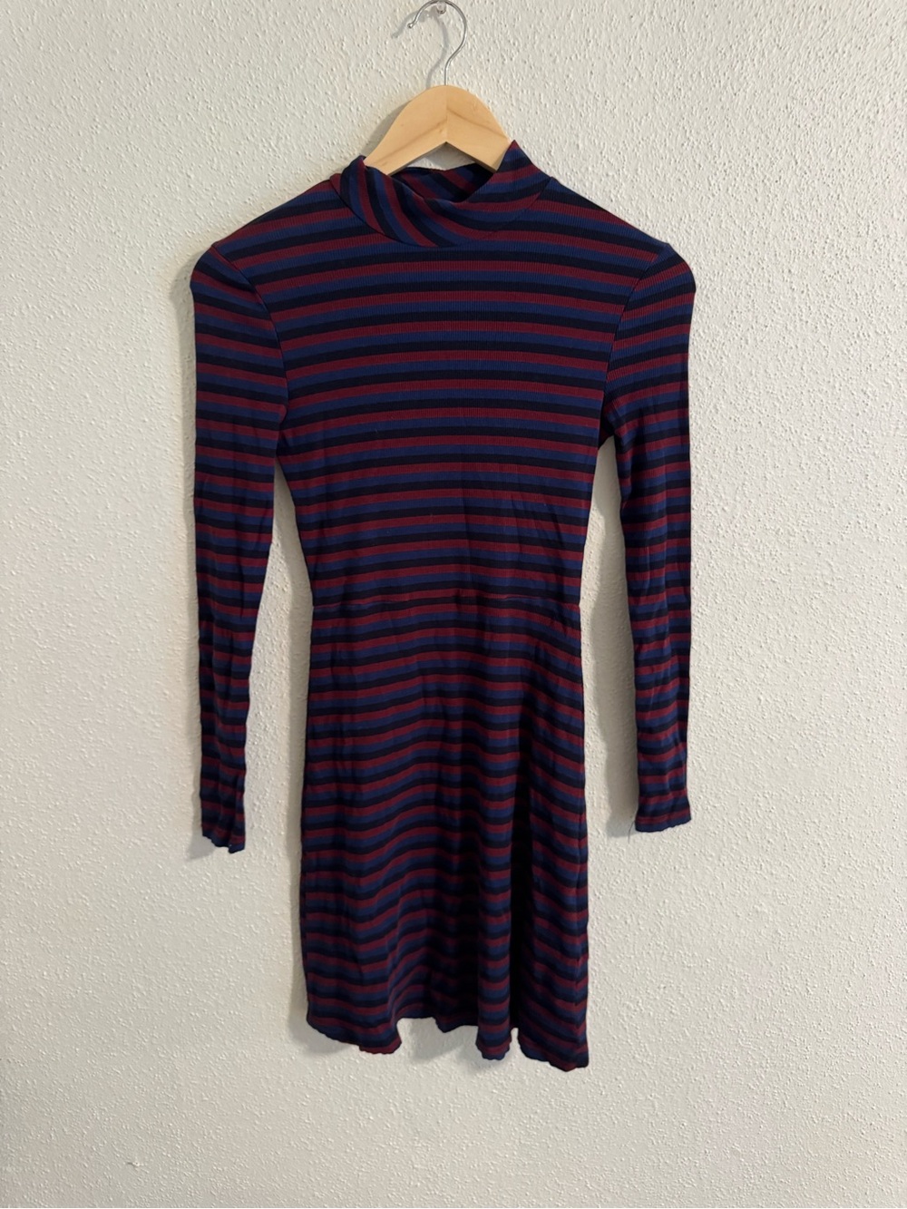 Glamorous x Urban Outfitters Navy & Burgundy Striped Mock Neck Long Sleeve Dress